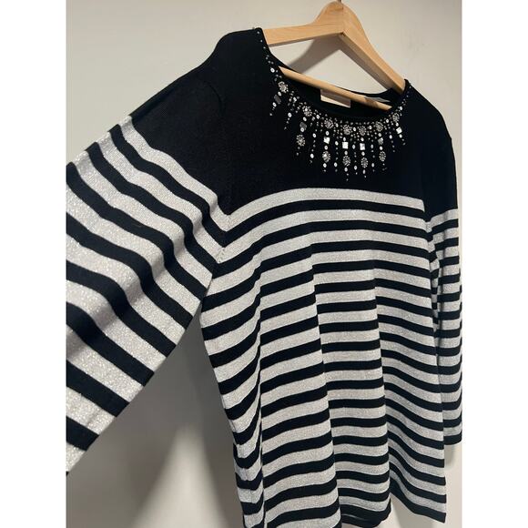 Alfred Dunner Sweater Black Silver Striped Metallic Embellished Neckline 1X JL - Picture 2 of 11